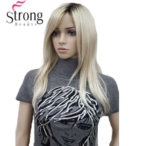 Long Straight Blonde with Dark Roots, Side Swept Bangs Synthetic Wig